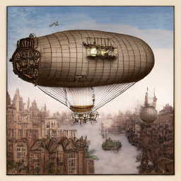 A steampunk airship floating above a Victorian-era city