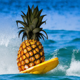 A pineapple surfing on a wave