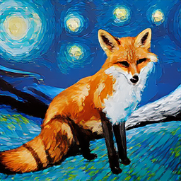 A painting of a fox in the style of starry night