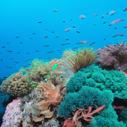 A colorful coral reef bustling with marine life