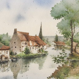 A watercolor painting of a small European village by a river