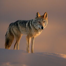 A wolf standing on a snowy ridge during golden hour