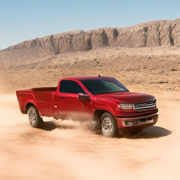 A pickup truck driving through a desert environment