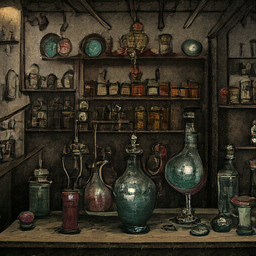 A medieval alchemist's laboratory filled with mysterious potions