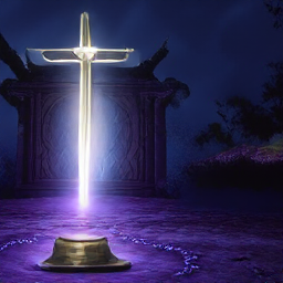 A glowing magical sword floating above an ancient altar