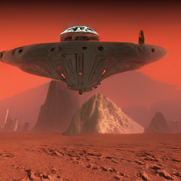 A spaceship descending into a volcanic alien landscape