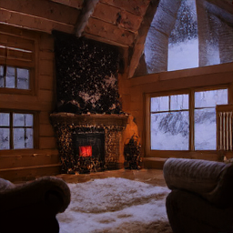 A cozy cabin interior with a fireplace during a snowstorm